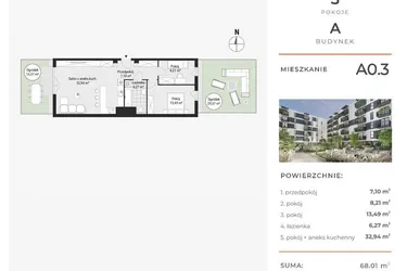 Rzut - Mieszkanie na sprzedaż 3 pokoje o powierzchni 67,97 m² - numer A0.3 w Enklawa Bukowa