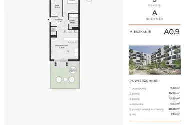 Rzut - Mieszkanie na sprzedaż 3 pokoje o powierzchni 65,49 m² - numer A0.9 w Enklawa Bukowa