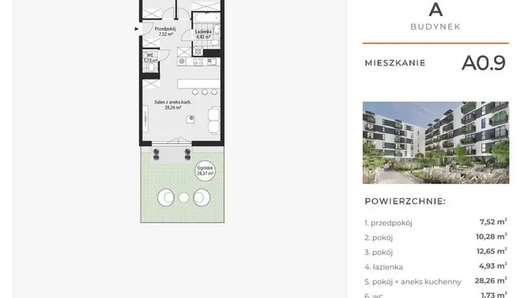 Rzut - Mieszkanie na sprzedaż 3 pokoje o powierzchni 65,49 m² - numer A0.9 w Enklawa Bukowa