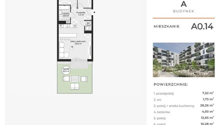 Rzut - Mieszkanie na sprzedaż 3 pokoje o powierzchni 65,49 m² - numer A0.14 w Enklawa Bukowa