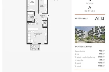 Rzut - Mieszkanie na sprzedaż 3 pokoje o powierzchni 65,49 m² - numer A1.13 w Enklawa Bukowa