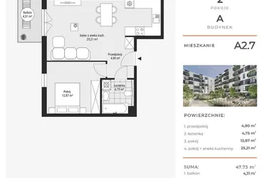 Rzut - Mieszkanie na sprzedaż 2 pokoje o powierzchni 47,75 m² - numer A2.7 w Enklawa Bukowa