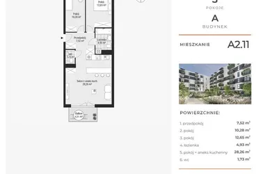 Rzut - Mieszkanie na sprzedaż 3 pokoje o powierzchni 65,49 m² - numer A2.11 w Enklawa Bukowa