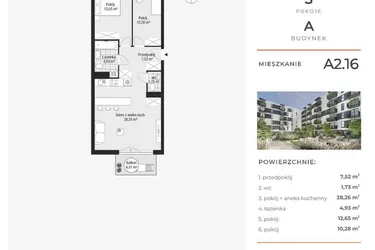 Rzut - Mieszkanie na sprzedaż 3 pokoje o powierzchni 65,49 m² - numer A2.16 w Enklawa Bukowa