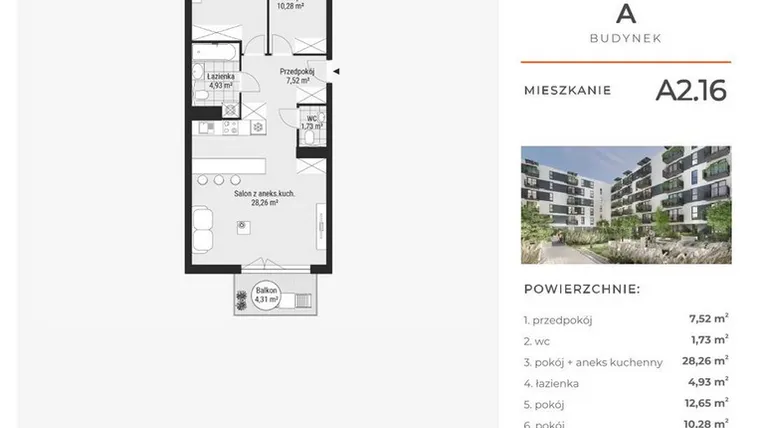 Rzut - Mieszkanie na sprzedaż 3 pokoje o powierzchni 65,49 m² - numer A2.16 w Enklawa Bukowa