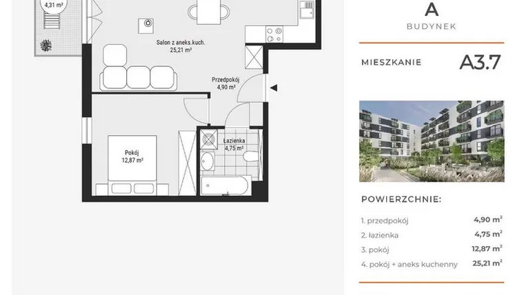 Rzut - Mieszkanie na sprzedaż 2 pokoje o powierzchni 47,75 m² - numer A3.7 w Enklawa Bukowa