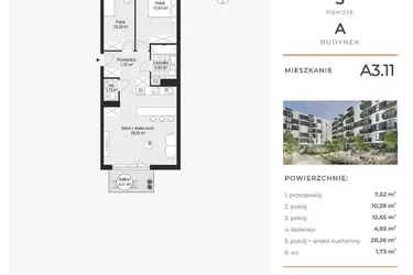 Rzut - Mieszkanie na sprzedaż 3 pokoje o powierzchni 65,49 m² - numer A3.11 w Enklawa Bukowa
