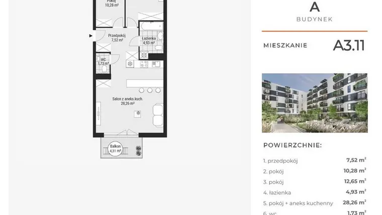 Rzut - Mieszkanie na sprzedaż 3 pokoje o powierzchni 65,49 m² - numer A3.11 w Enklawa Bukowa