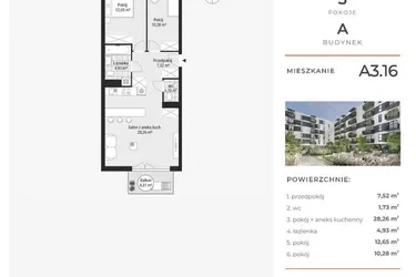 Rzut - Mieszkanie na sprzedaż 3 pokoje o powierzchni 65,49 m² - numer A3.16 w Enklawa Bukowa