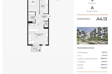 Rzut - Mieszkanie na sprzedaż 3 pokoje o powierzchni 65,49 m² - numer A4.13 w Enklawa Bukowa