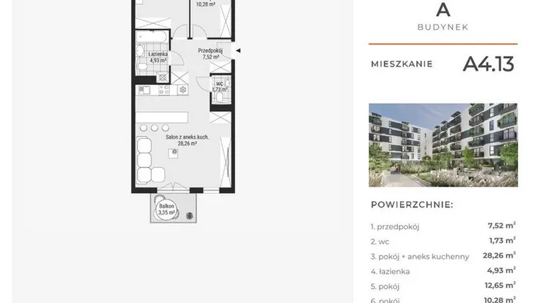 Rzut - Mieszkanie na sprzedaż 3 pokoje o powierzchni 65,49 m² - numer A4.13 w Enklawa Bukowa