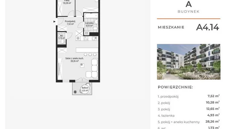 Rzut - Mieszkanie na sprzedaż 3 pokoje o powierzchni 65,49 m² - numer A4.14 w Enklawa Bukowa