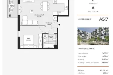 Rzut - Mieszkanie na sprzedaż 2 pokoje o powierzchni 47,75 m² - numer A5.7 w Enklawa Bukowa