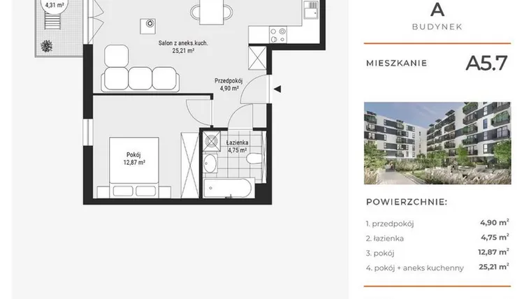 Rzut - Mieszkanie na sprzedaż 2 pokoje o powierzchni 47,75 m² - numer A5.7 w Enklawa Bukowa