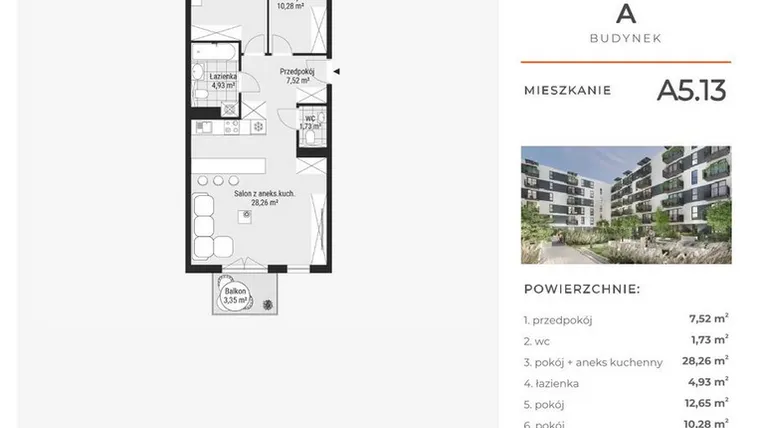 Rzut - Mieszkanie na sprzedaż 3 pokoje o powierzchni 65,49 m² - numer A5.13 w Enklawa Bukowa