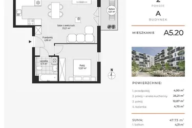 Rzut - Mieszkanie na sprzedaż 2 pokoje o powierzchni 47,75 m² - numer A5.20 w Enklawa Bukowa