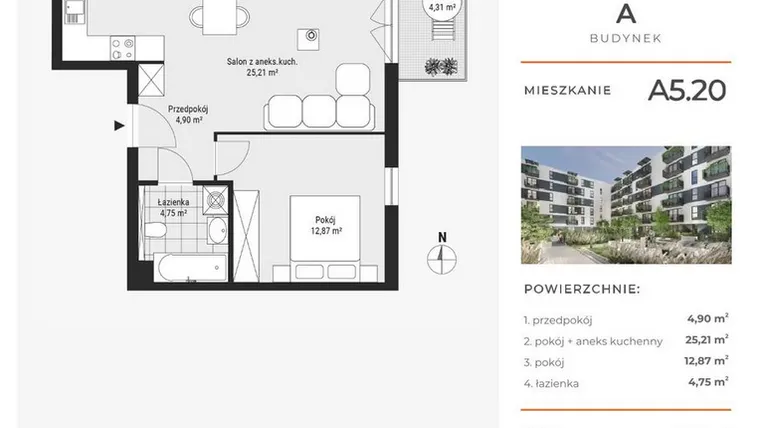Rzut - Mieszkanie na sprzedaż 2 pokoje o powierzchni 47,75 m² - numer A5.20 w Enklawa Bukowa