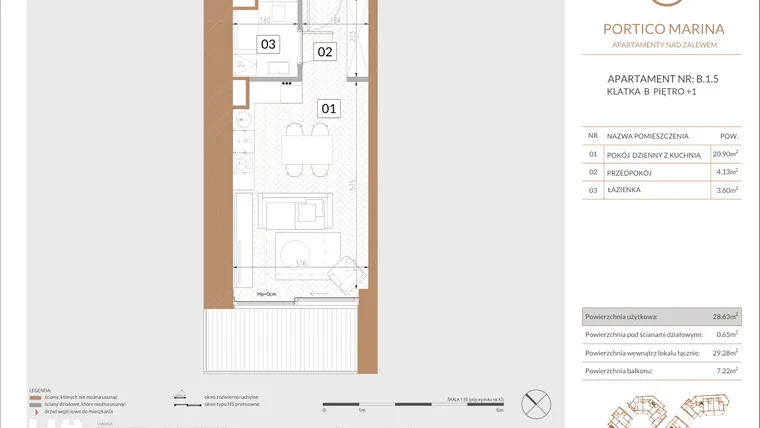 Rzut - Mieszkanie na sprzedaż 1 pokój o powierzchni 28,42 m² - numer B.1.5 w Portico Marina