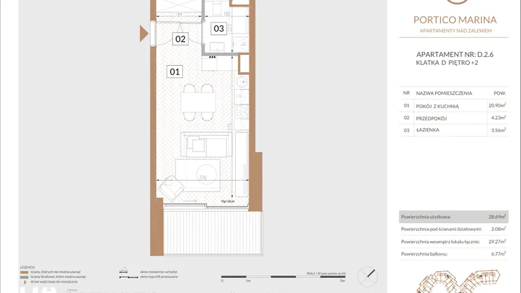 Rzut - Mieszkanie na sprzedaż 1 pokój o powierzchni 29,88 m² - numer D.2.6 w Portico Marina