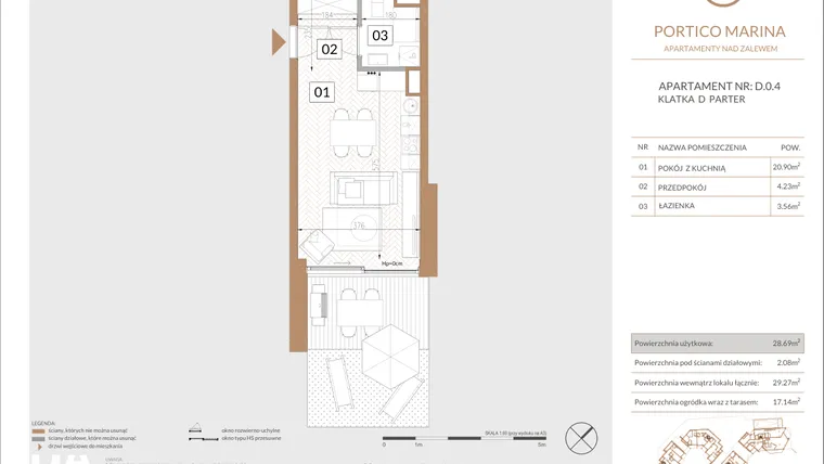 Rzut - Mieszkanie na sprzedaż 1 pokój o powierzchni 29,88 m² - numer D.0.5 w Portico Marina