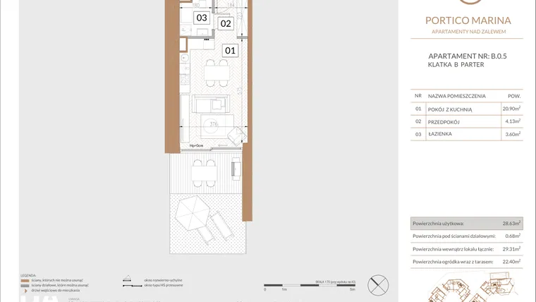 Rzut - Mieszkanie na sprzedaż 1 pokój o powierzchni 28,46 m² - numer B.0.5 w Portico Marina