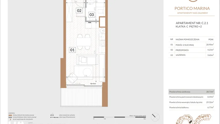 Rzut - Mieszkanie na sprzedaż 1 pokój o powierzchni 28,72 m² - numer C.2.1 w Portico Marina