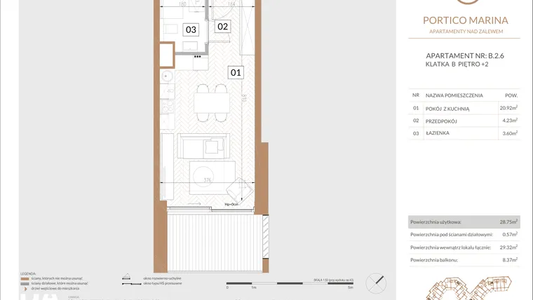 Rzut - Mieszkanie na sprzedaż 1 pokój o powierzchni 28,82 m² - numer B.2.6 w Portico Marina