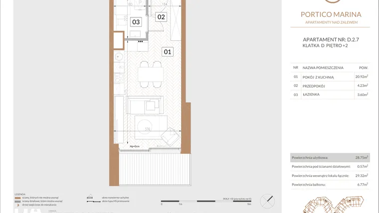 Rzut - Mieszkanie na sprzedaż 1 pokój o powierzchni 28,71 m² - numer D.2.7 w Portico Marina