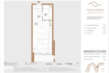 Rzut - Mieszkanie na sprzedaż 1 pokój o powierzchni 32,37 m² - numer B.2.3 w Portico Marina