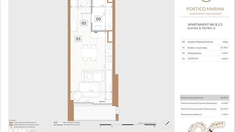 Rzut - Mieszkanie na sprzedaż 1 pokój o powierzchni 32,37 m² - numer B.2.3 w Portico Marina