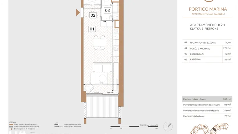 Rzut - Mieszkanie na sprzedaż 1 pokój o powierzchni 35,79 m² - numer B.2.1 w Portico Marina