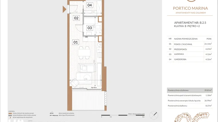 Rzut - Mieszkanie na sprzedaż 1 pokój o powierzchni 36,73 m² - numer B.2.5 w Portico Marina