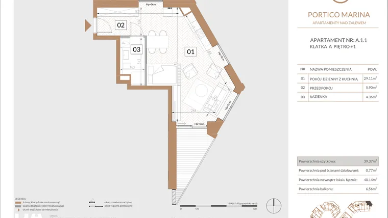 Rzut - Mieszkanie na sprzedaż 2 pokoje o powierzchni 55,38 m² - numer A.1.1 w Portico Marina