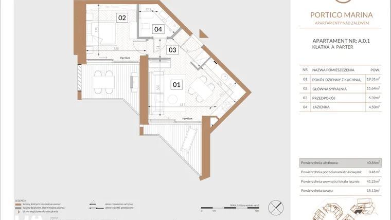 Rzut - Mieszkanie na sprzedaż 2 pokoje o powierzchni 45,93 m² - numer A.0.1 w Portico Marina