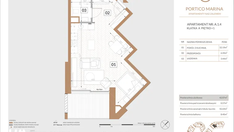 Rzut - Mieszkanie na sprzedaż 2 pokoje o powierzchni 45,22 m² - numer A.1.4 w Portico Marina