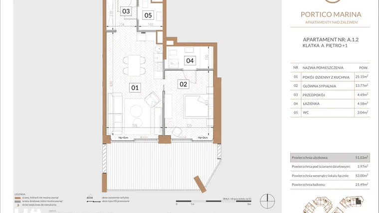 Rzut - Mieszkanie na sprzedaż 2 pokoje o powierzchni 50,09 m² - numer A.1.2 w Portico Marina