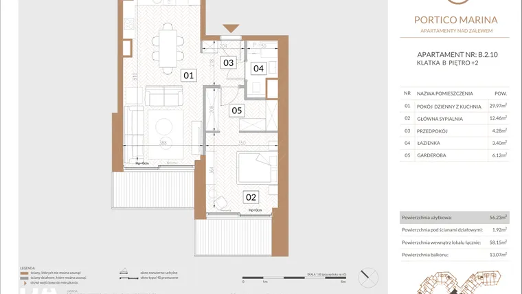 Rzut - Mieszkanie na sprzedaż 2 pokoje o powierzchni 57,82 m² - numer B.2.10 w Portico Marina