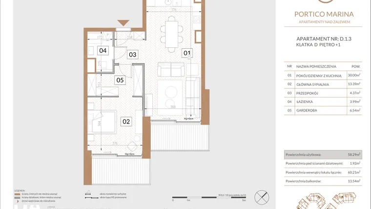 Rzut - Mieszkanie na sprzedaż 2 pokoje o powierzchni 59,64 m² - numer D.1.3 w Portico Marina