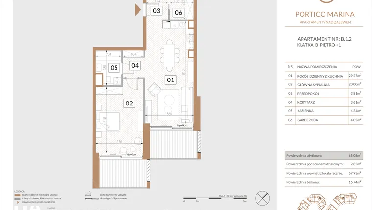 Rzut - Mieszkanie na sprzedaż 2 pokoje o powierzchni 66,38 m² - numer B.1.2 w Portico Marina