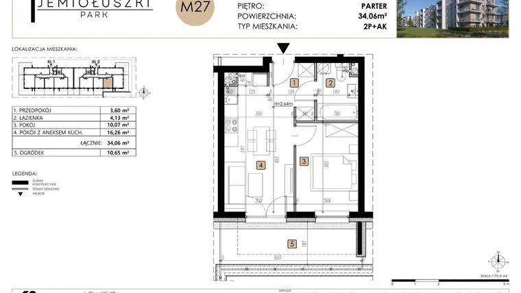 Rzut - Mieszkanie na sprzedaż 2 pokoje o powierzchni 34,06 m² - numer M27 w Jemiołuszki Park