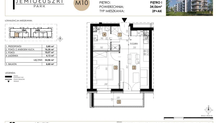 Rzut - Mieszkanie na sprzedaż 2 pokoje o powierzchni 34,06 m² - numer M10 w Jemiołuszki Park