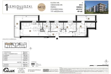 Rzut - Mieszkanie na sprzedaż 4 pokoje o powierzchni 65,61 m² - numer M12 w Jemiołuszki Park