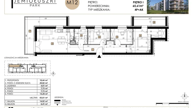 Rzut - Mieszkanie na sprzedaż 4 pokoje o powierzchni 65,61 m² - numer M12 w Jemiołuszki Park