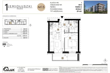 Rzut - Mieszkanie na sprzedaż 2 pokoje o powierzchni 34,06 m² - numer M15 w Jemiołuszki Park
