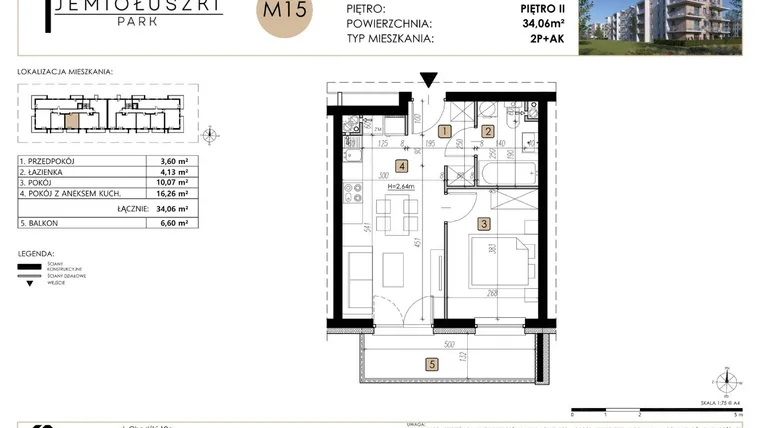 Rzut - Mieszkanie na sprzedaż 2 pokoje o powierzchni 34,06 m² - numer M15 w Jemiołuszki Park