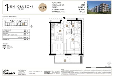 Rzut - Mieszkanie na sprzedaż 2 pokoje o powierzchni 34,06 m² - numer M39 w Jemiołuszki Park
