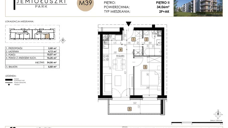 Rzut - Mieszkanie na sprzedaż 2 pokoje o powierzchni 34,06 m² - numer M39 w Jemiołuszki Park
