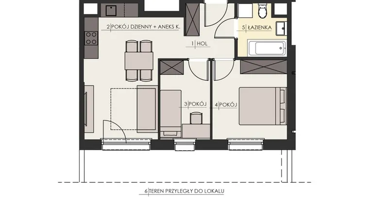 Rzut - Mieszkanie na sprzedaż 3 pokoje o powierzchni 46,47 m² - numer 1 w Osiedle Platinum III