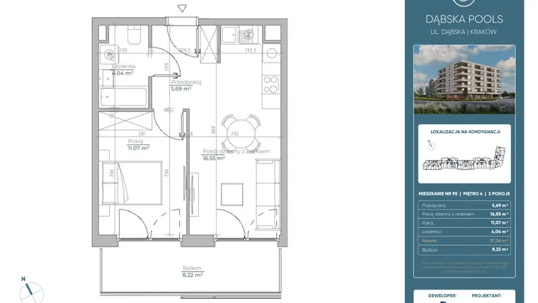Rzut - Mieszkanie na sprzedaż 2 pokoje o powierzchni 37,35 m² - numer 95 w Dąbska Pools