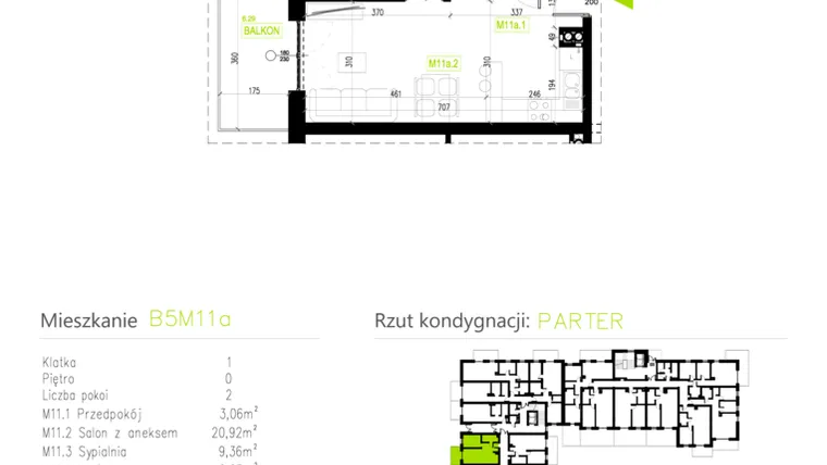 Rzut - Mieszkanie na sprzedaż 2 pokoje o powierzchni 39,59 m² - numer B5M11a w Osiedle Natura Park etap II